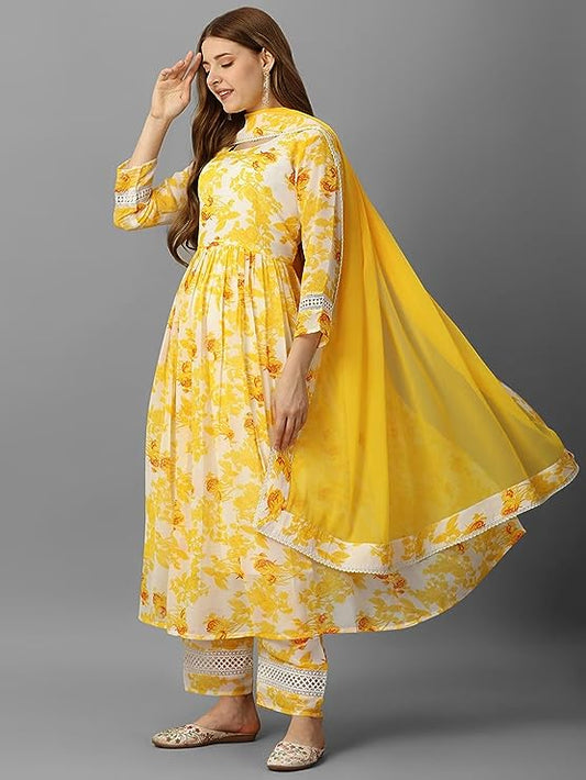 Women's Floral Printed Anarkali Kurta with Pant and Dupatta Set
