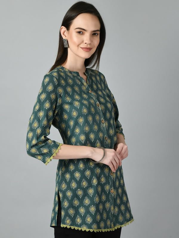 Women's Mandarin Collar Lace Inserts Ethnic Print Tunic