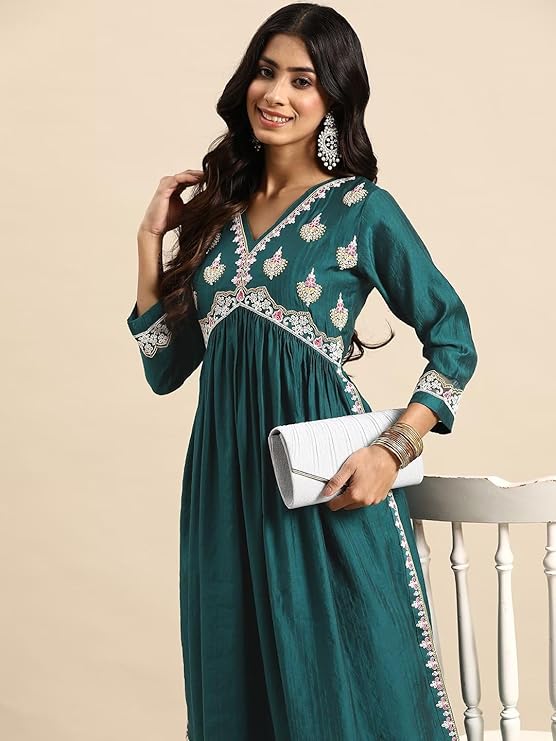 Women's Rayon Embroidered Alia Cut Regular Kurta With Pant