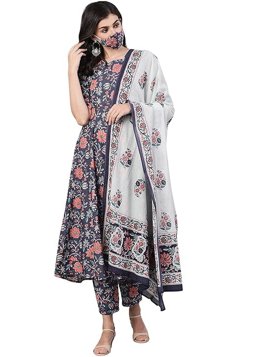 Women's Rayon Printed Anarkali Kurti with Palazzos and Dupatta Set