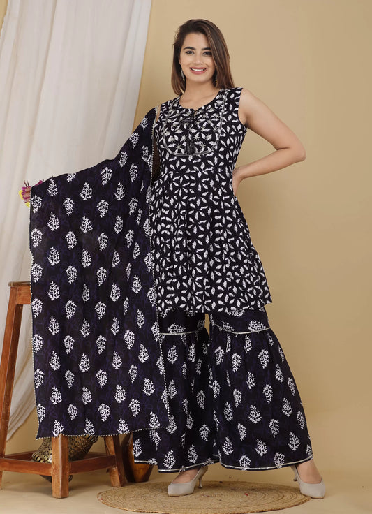 Women's Rayon Printed Stitched Kurta Sharara & Printed Dupatta Set