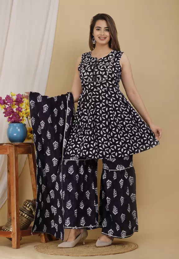 Women's Rayon Printed Stitched Kurta Sharara & Printed Dupatta Set