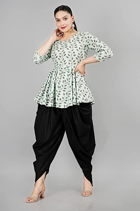 Women's Rayon Round Neck Printed Regular Fit Kurta Top With Dhoti Pants