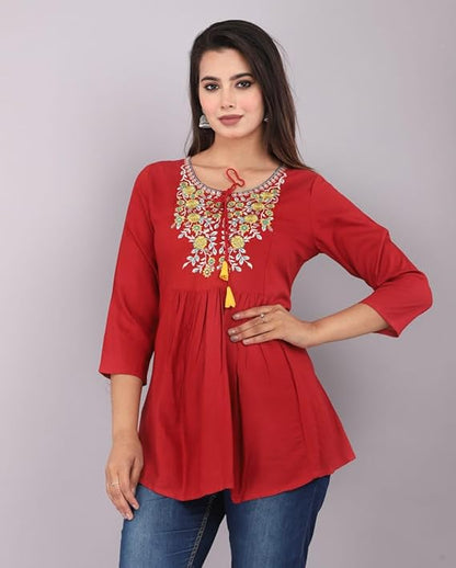 Women's Viscose Rayon Round Neck Short Kurti