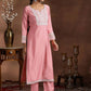 Floral Yoke Design Notch Neck Thread Work Straight Kurta With Trousers & Dupatta