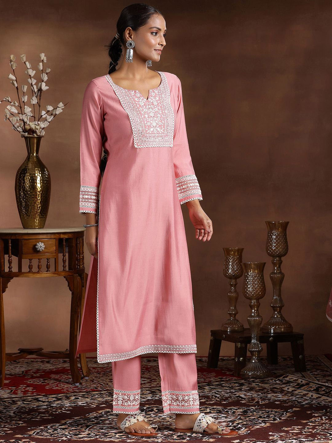 Floral Yoke Design Notch Neck Thread Work Straight Kurta With Trousers & Dupatta