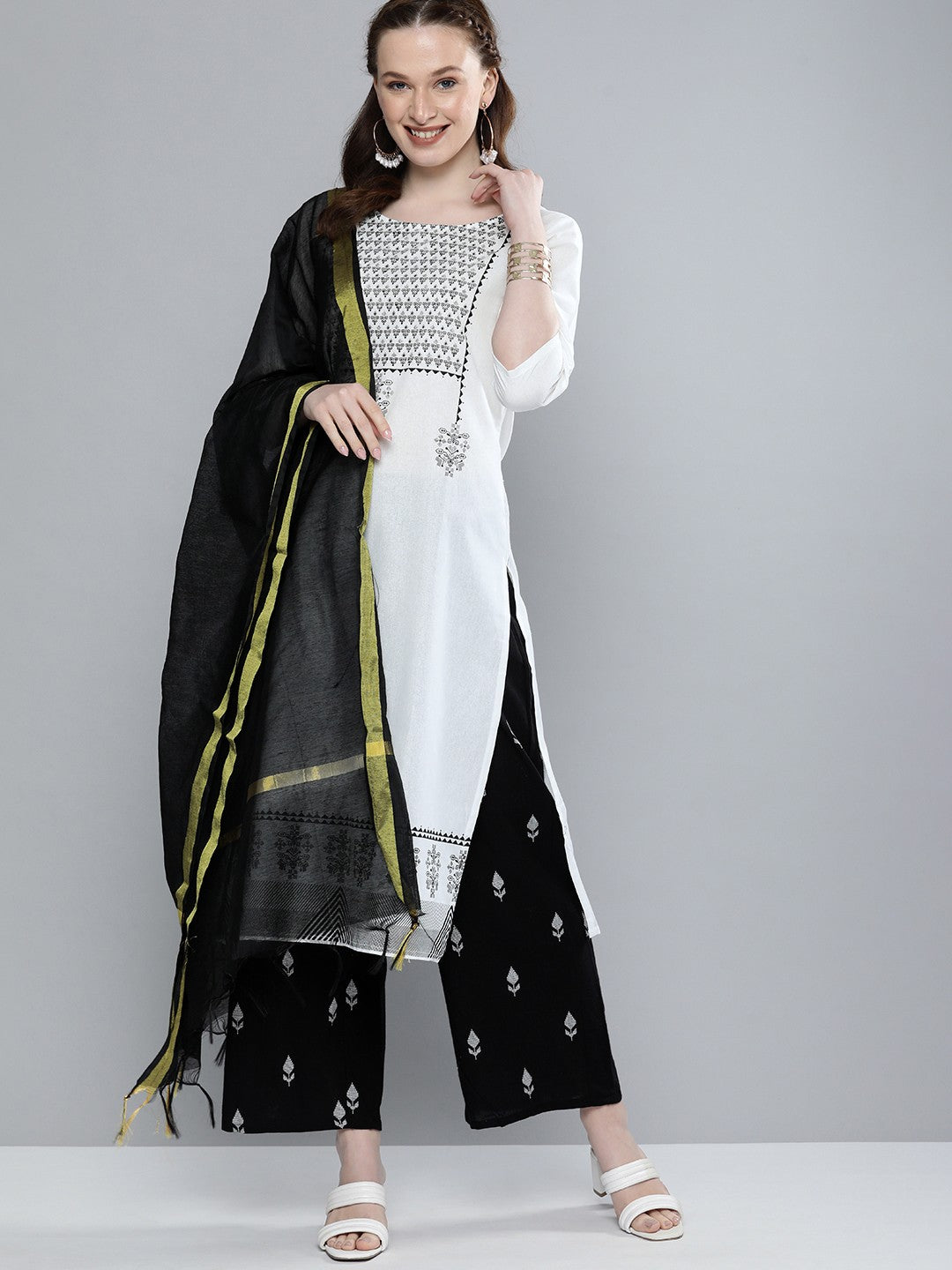 Women White & Black Printed Regular Pure Cotton Kurta with Palazzos & With Dupatta