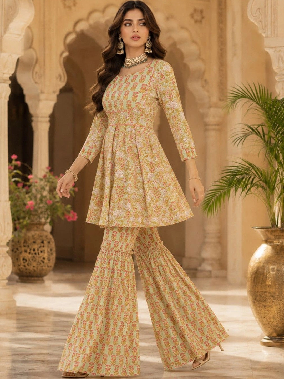 Floral Printed Pure Cotton Kurti with Sharara