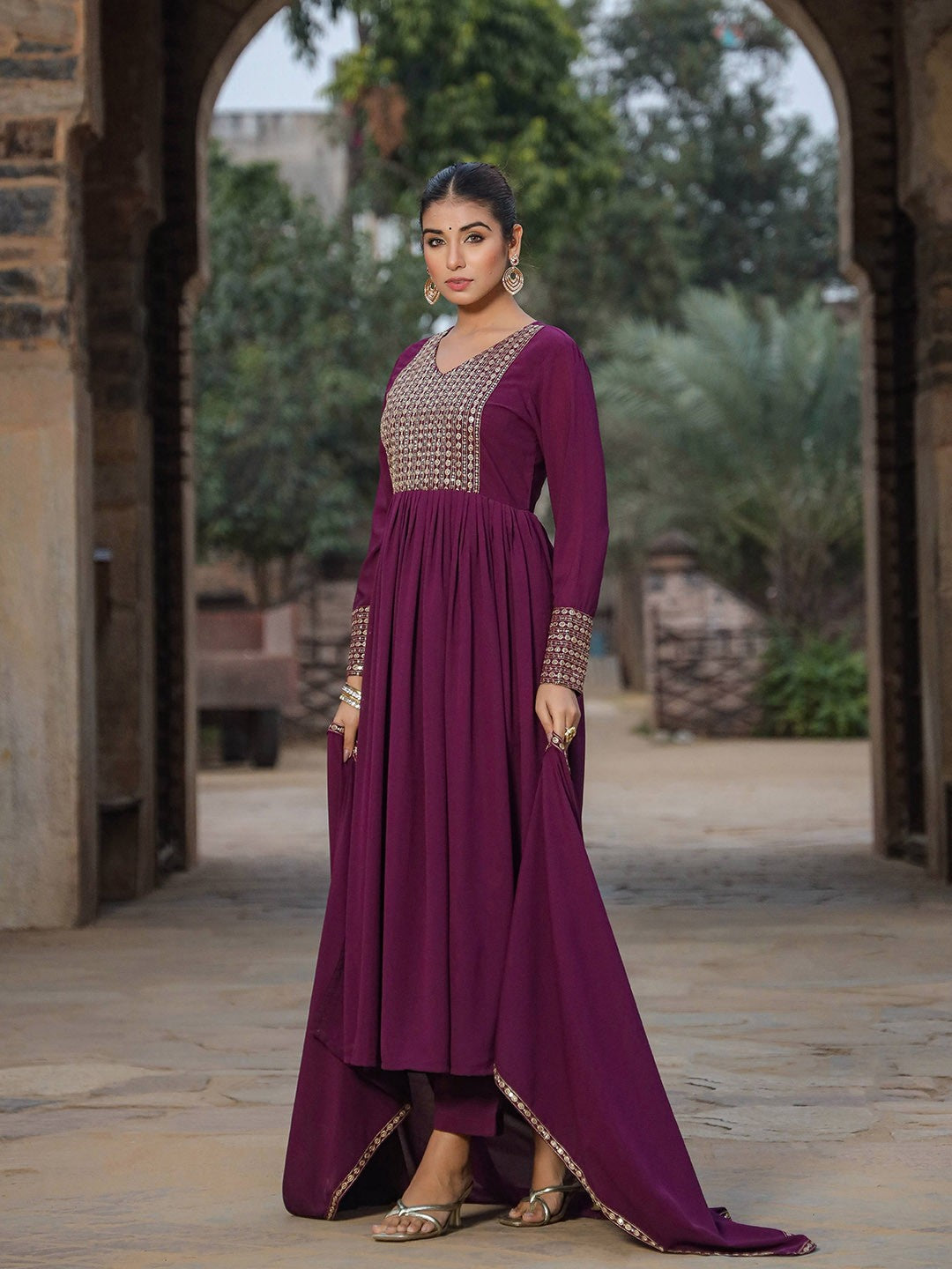 V-Neck Yoke Design Empire Sequinned Empire A-Line Kurta With Trousers & Dupatta