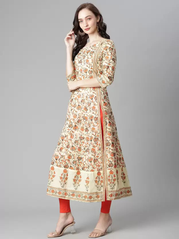 Women Navy Blue & Orange Printed Kurta Set