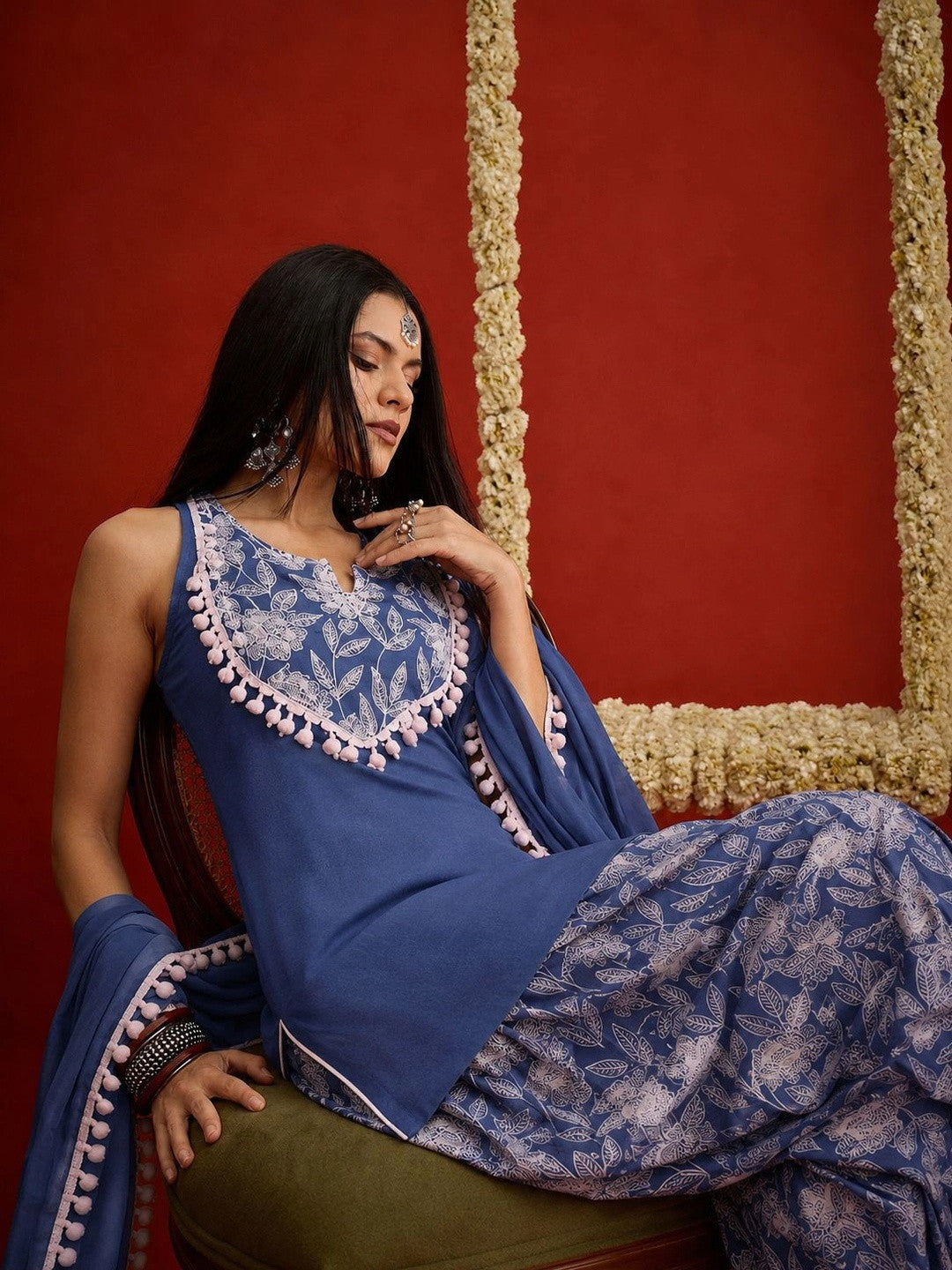 Women Blue Solid Pure Cotton Short Straight Kurti Farshi Salwar With Dupatta Set