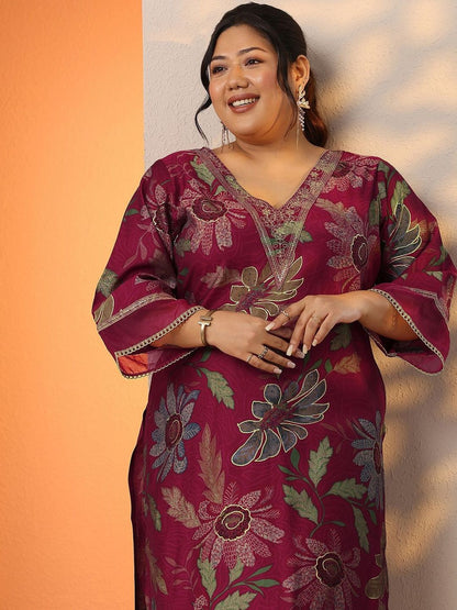 Plus Size Floral Printed Regular Thread Work Kurta with Palazzos