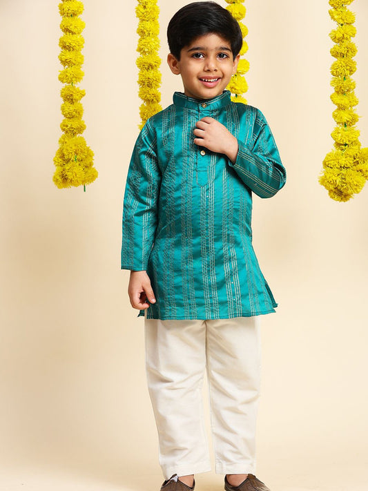Boys Striped Zari Mandarin Collar Straight Kurta With Trousers