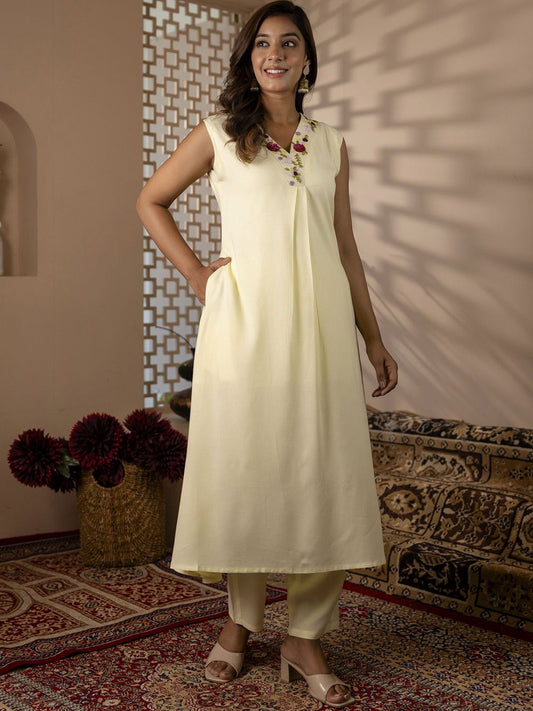 V-Neck Floral Yoke Design Thread Work A-Line Kurta with Palazzos