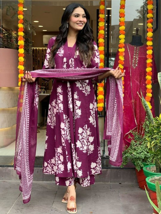 Floral Printed Pure Cotton Anarkali Kurta With Palazzos And Dupatta