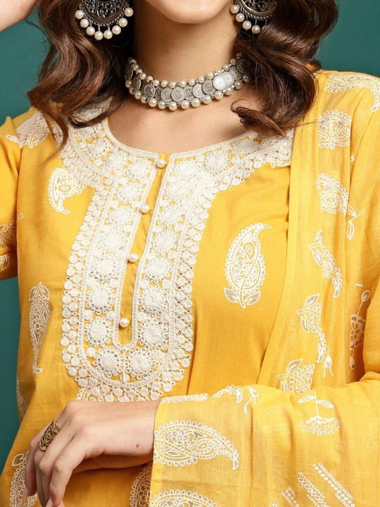 Paisley Printed Embroidered Pure Cotton Straight Kurta With Trouser & Dupatta Set