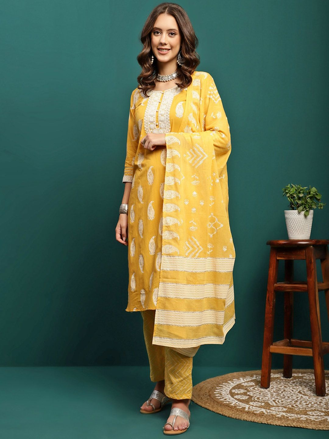 Paisley Printed Embroidered Pure Cotton Straight Kurta With Trouser & Dupatta Set