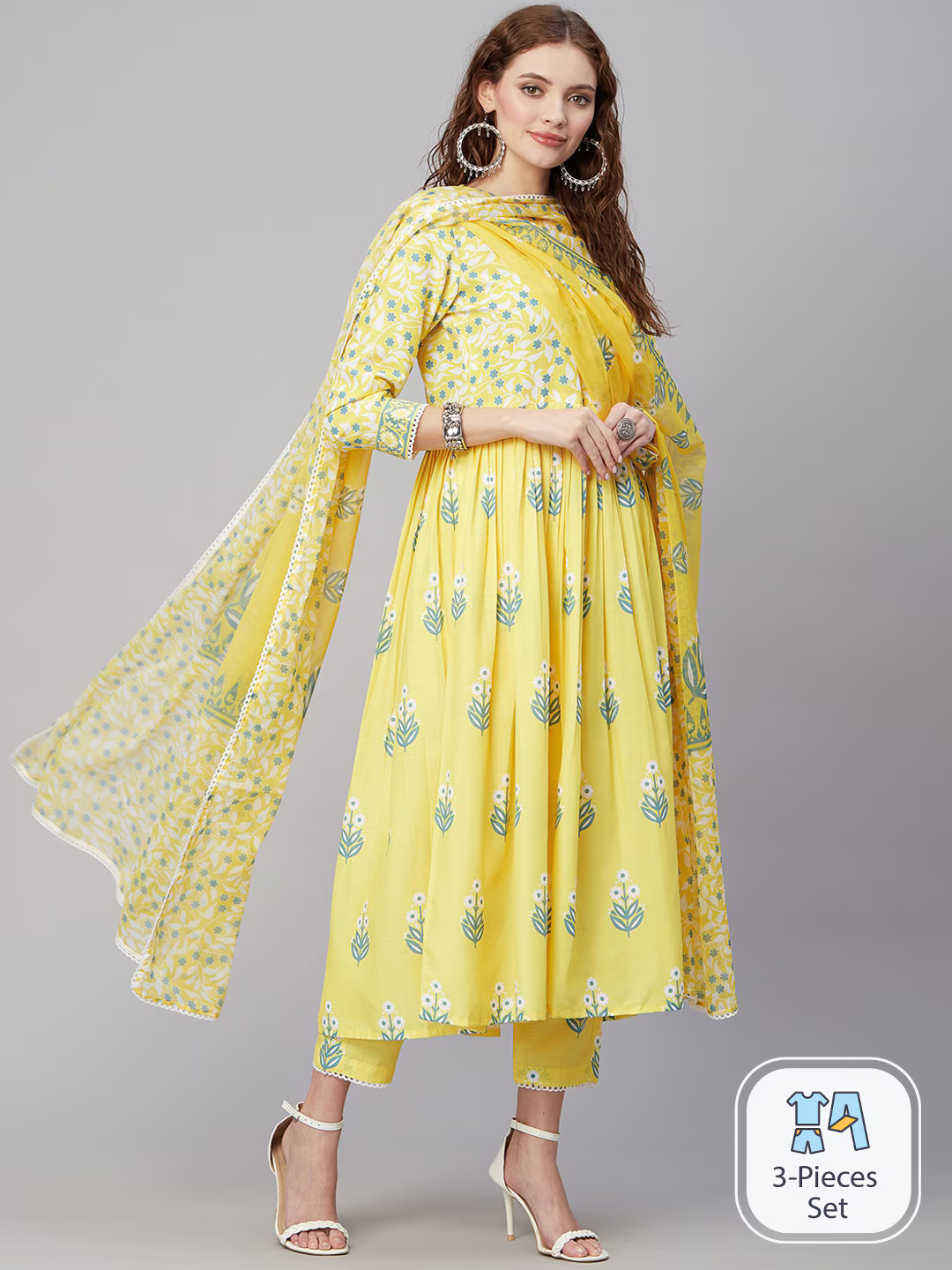 Ethnic Motifs Printed Anarkali Pleated Kurta with Trousers & Dupatta