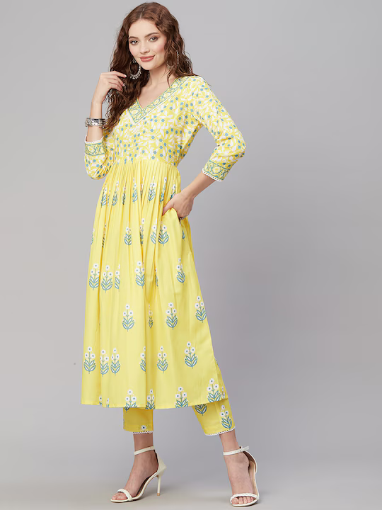 Ethnic Motifs Printed Anarkali Pleated Kurta with Trousers & Dupatta