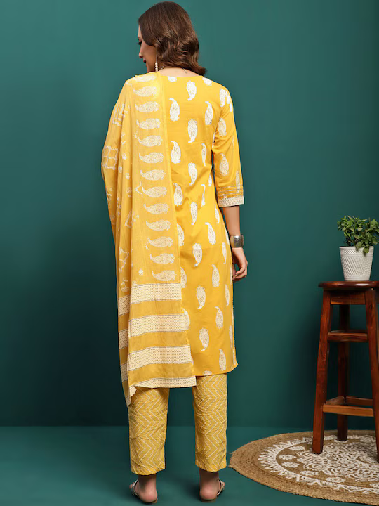 Paisley Printed Embroidered Pure Cotton Straight Kurta With Trouser & Dupatta Set