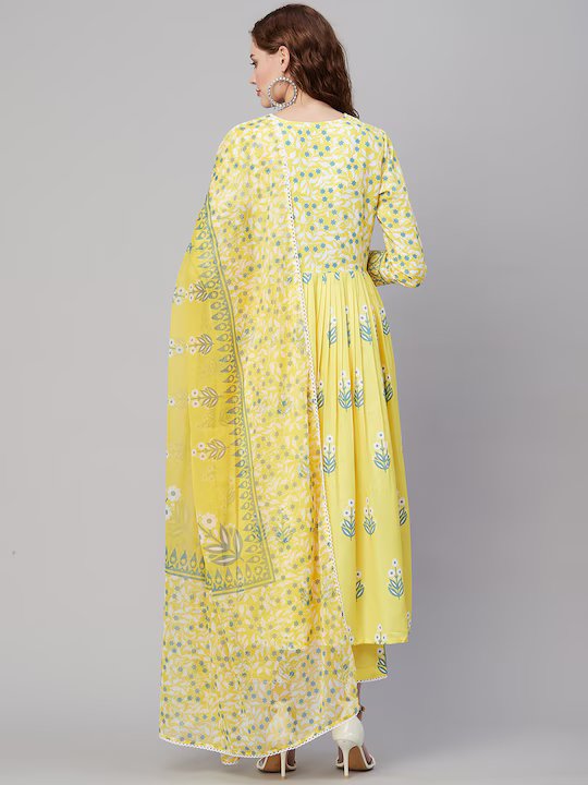 Ethnic Motifs Printed Anarkali Pleated Kurta with Trousers & Dupatta