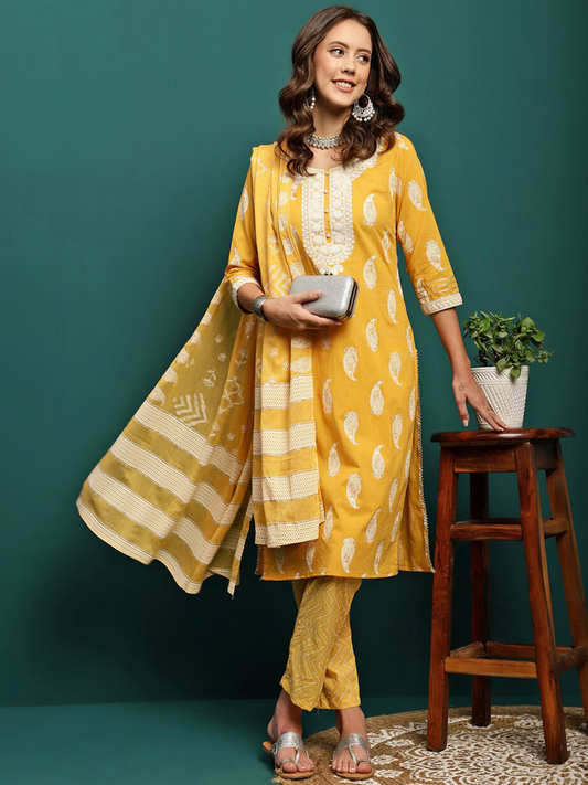 Paisley Printed Embroidered Pure Cotton Straight Kurta With Trouser & Dupatta Set