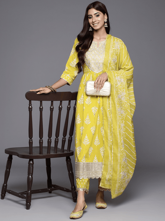 Women Floral Yoke Design High Slit Pure Cotton Kurta with Palazzos & With Dupatta