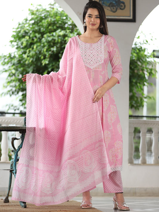 Ethnic Motifs Thread Work Pure Cotton Anarkali Kurta With Trousers & Dupatta