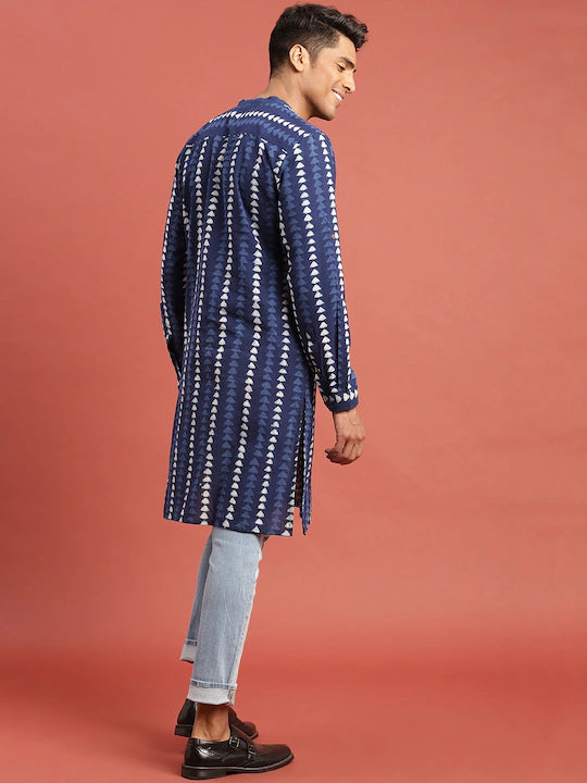 Men Blue Indigo Hand Block Print Straight Sustainable Kurta with Pockets