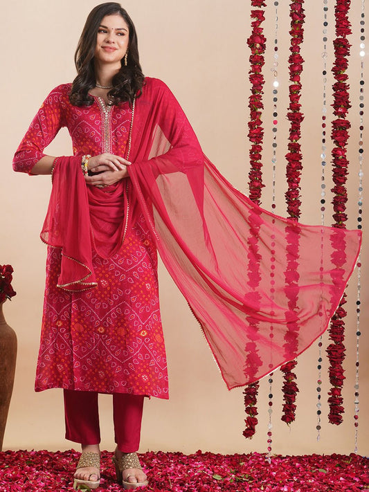 Bandhani Printed Round Neck Regular Beads Work Kurta With Trousers With Dupatta