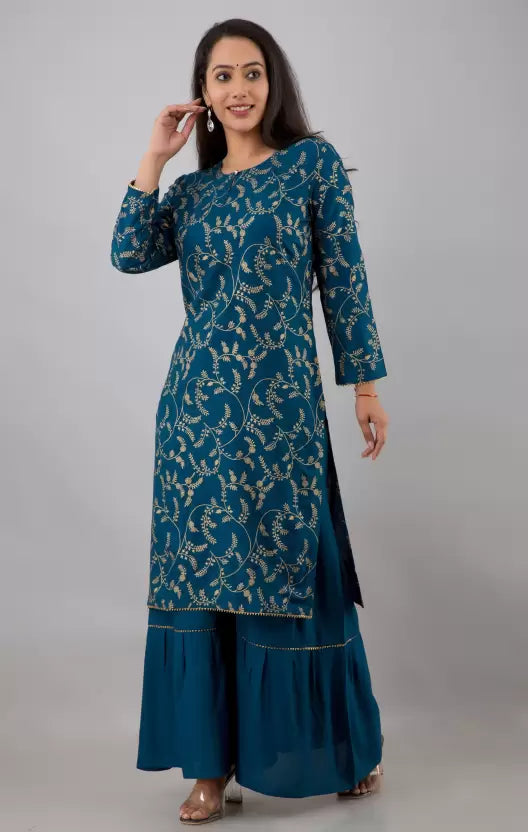 Women Elegant Viscose Rayon Kurta and Sharara Set with Dupatta