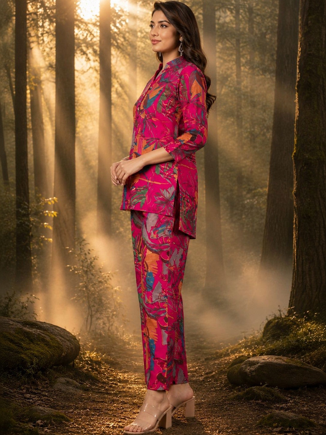 Polyester Tropical Printed Top with Trousers