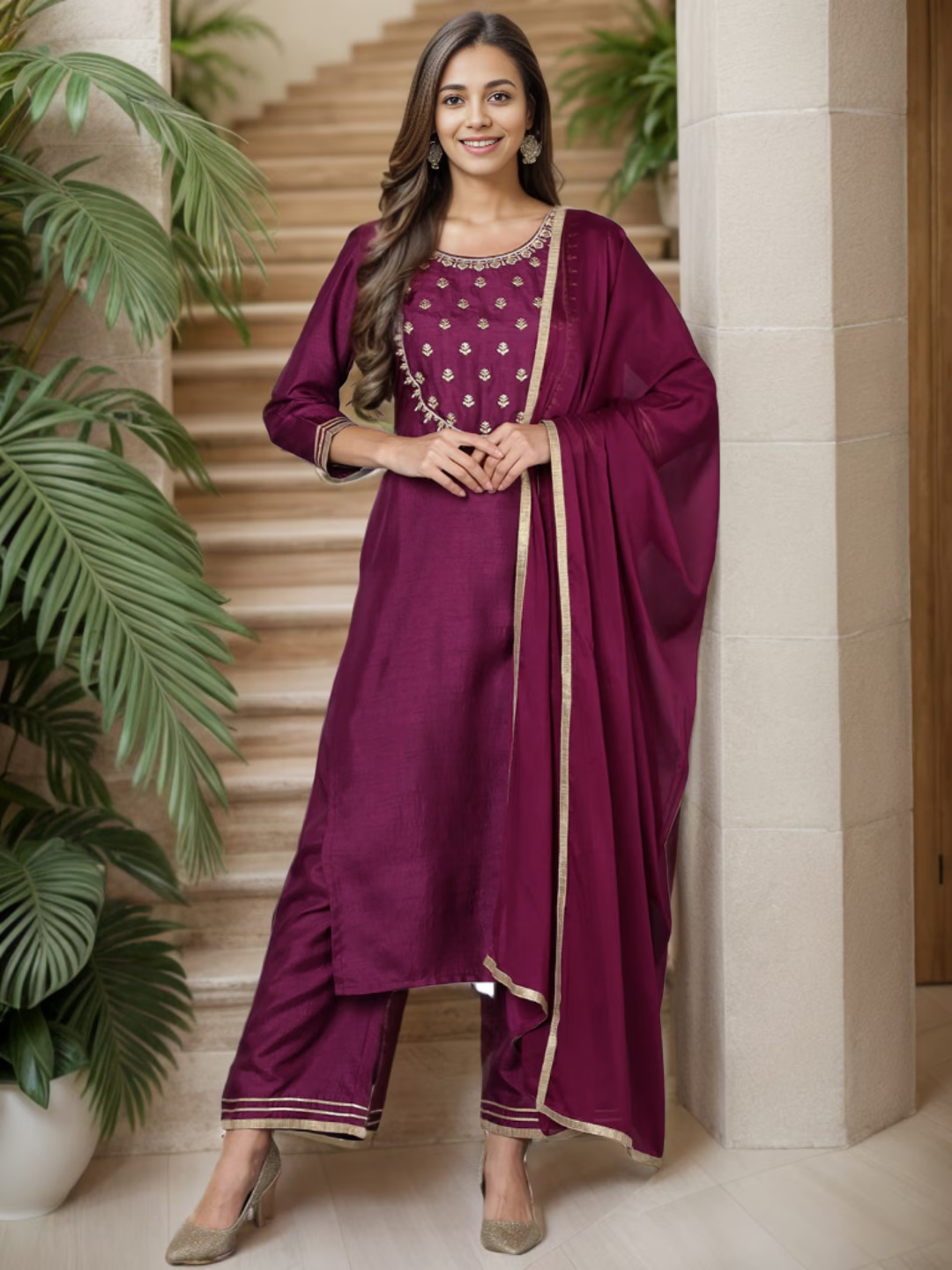 Ethnic Motifs Yoke Design Thread Work Kurta With Trousers & Dupatta