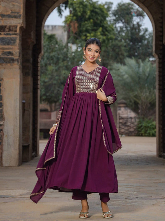 V-Neck Yoke Design Empire Sequinned Empire A-Line Kurta With Trousers & Dupatta