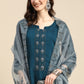 Women Teal Blue Embroidered Pure Cotton Kurta with Trousers & Dupatta