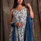 White & Blue Floral Printed Pure Cotton Kurta With Trousers