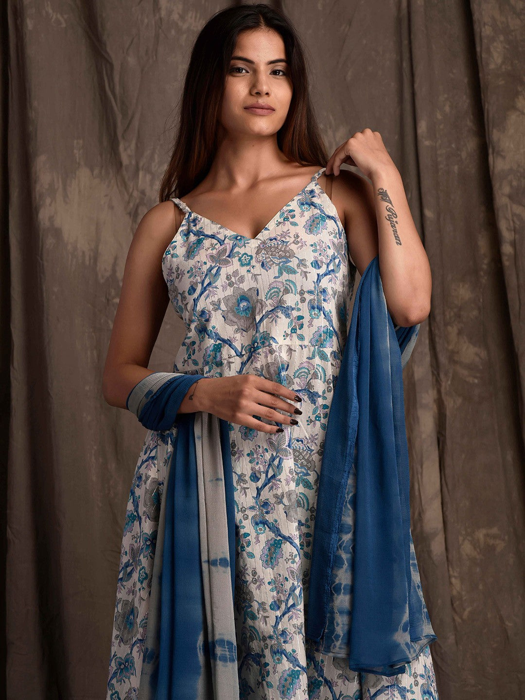 White & Blue Floral Printed Pure Cotton Kurta With Trousers