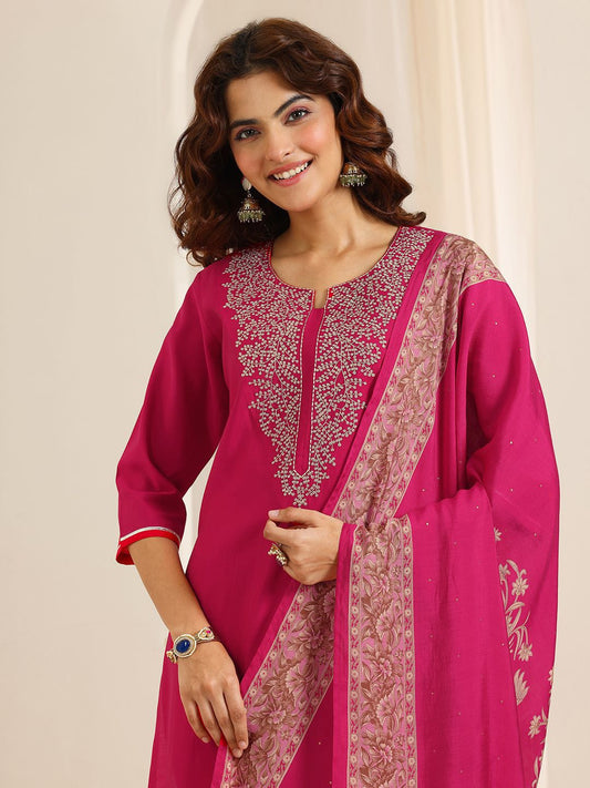 Women Floral Yoke Design Regular Thread Work Kurta & Trouser With Dupatta