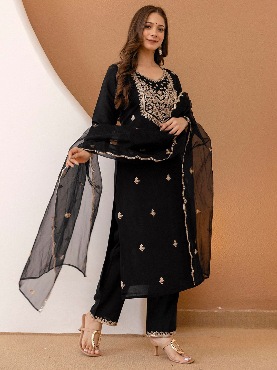 Women Black Silk Blend Embroidered Kurta & Trousers With Dupatta