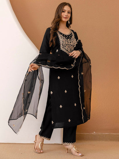 Women Black Silk Blend Embroidered Kurta & Trousers With Dupatta