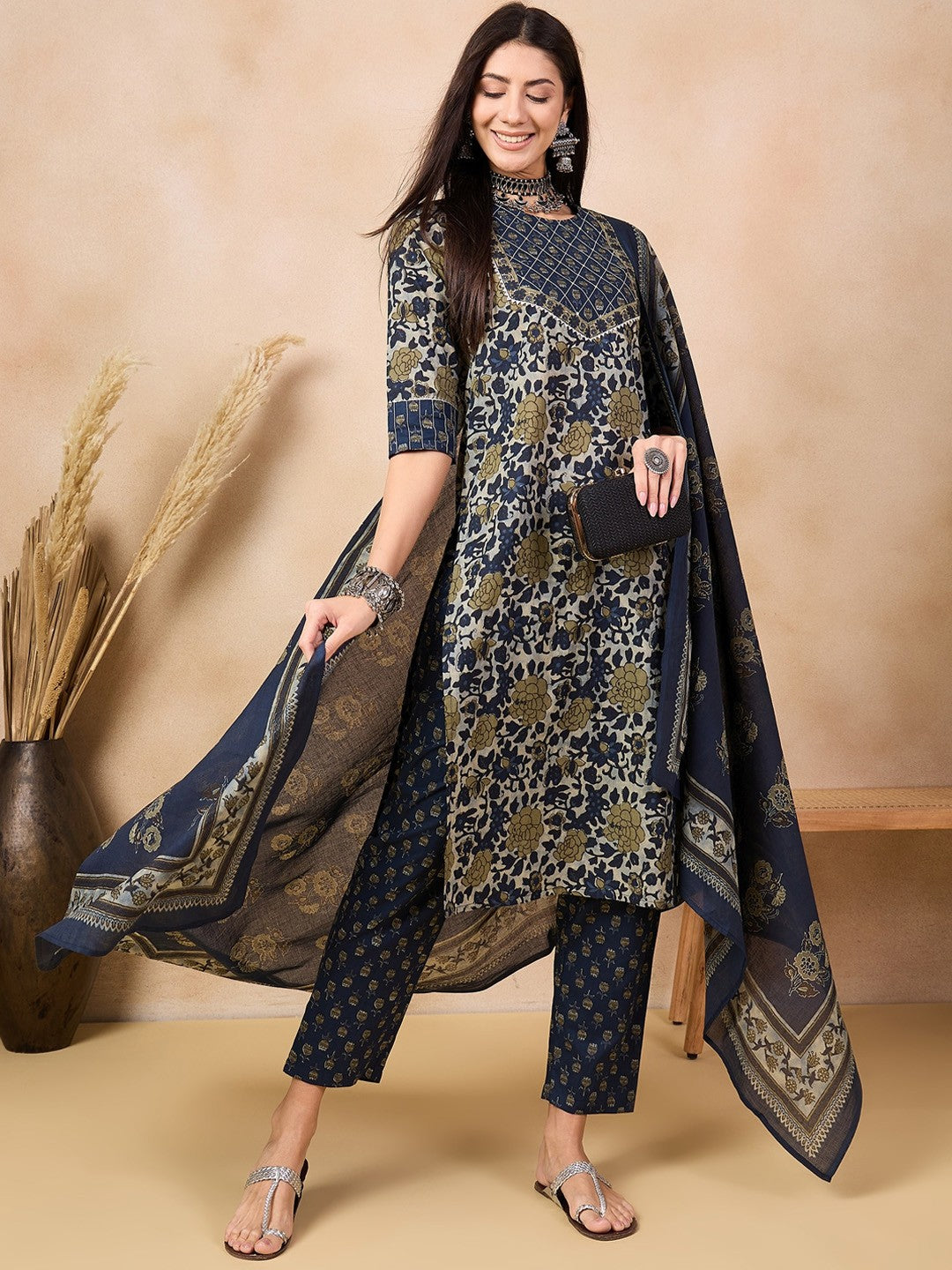 Navy Blue Floral Printed Pure Cotton Straight Kurta & Trousers With Dupatta