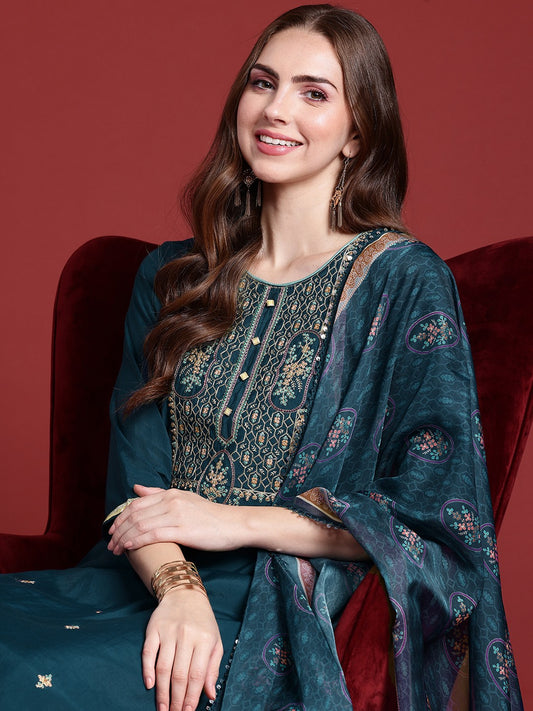 Women Floral Embroidered Regular Sequinned Kurta with Trousers & Dupatta