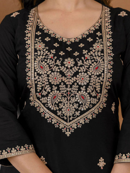 Women Black Silk Blend Embroidered Kurta & Trousers With Dupatta