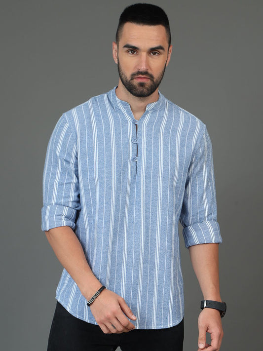 Blue & White Striped Printed Mandarin Collar Cotton Straight Short Kurta