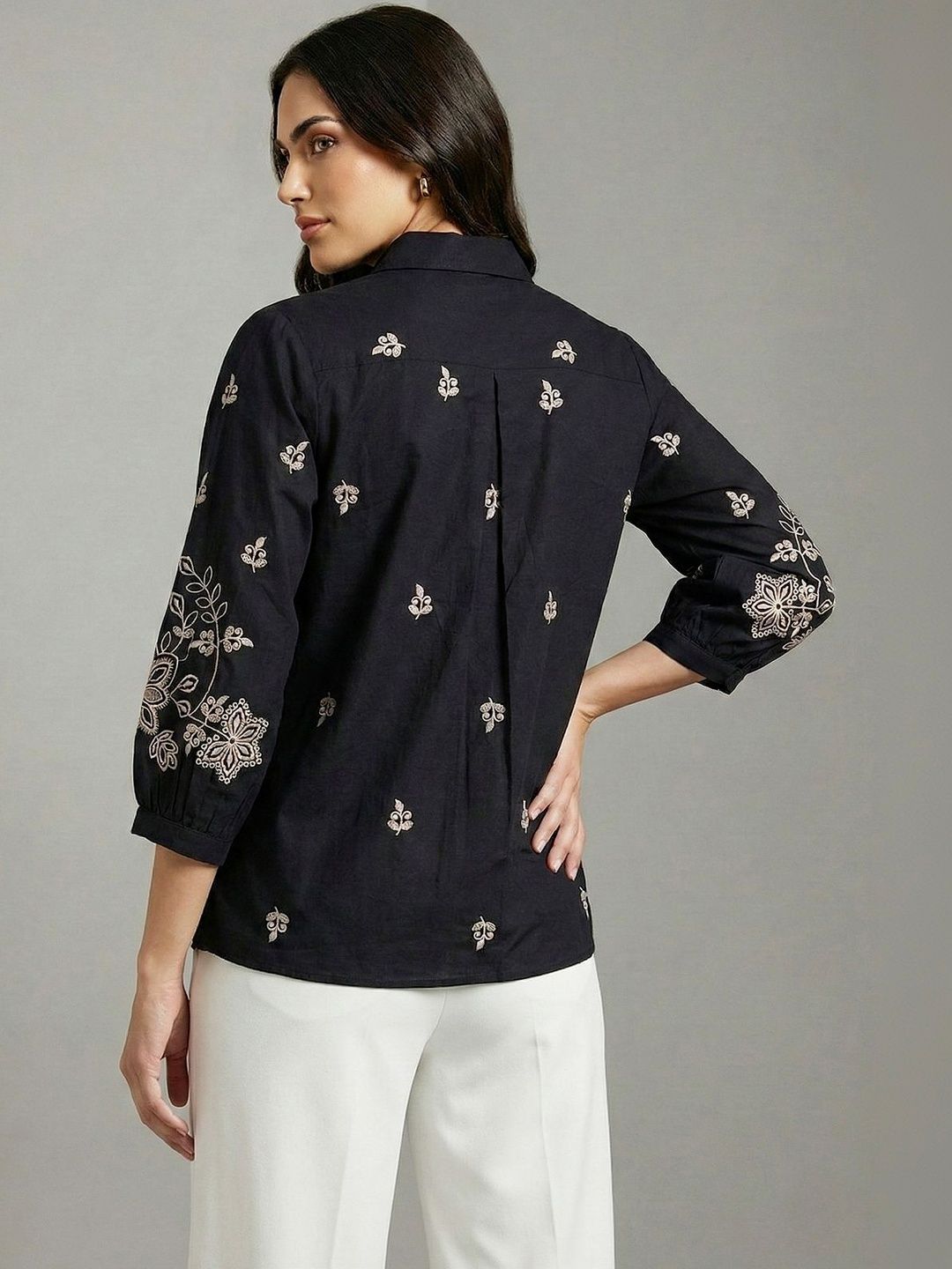 Women Shirt Collar Embroidered Ethnic Tunic