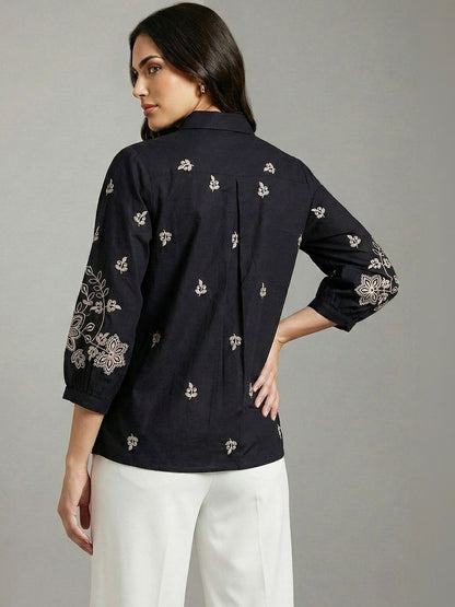 Women Shirt Collar Embroidered Ethnic Tunic