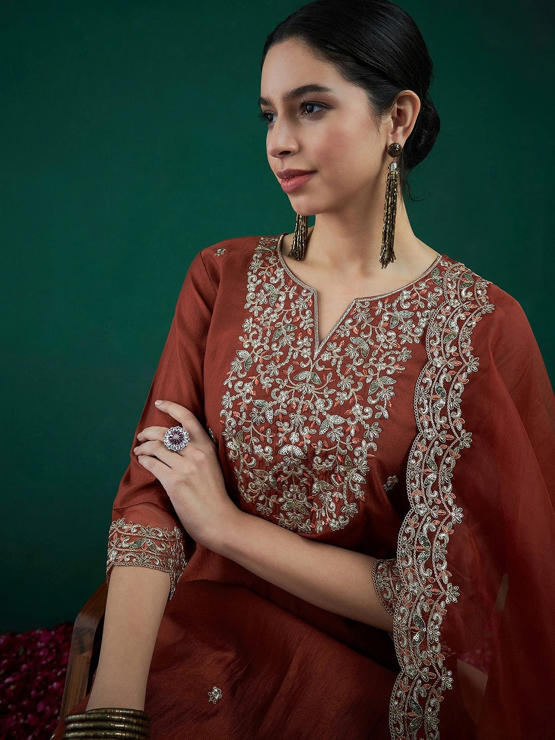 Ethnic Motifs Embroidered Regular Liva Zari Kurta With Trousers & Dupatta