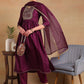 Women Purple Silk Blend Solid Yoke Design Flared Empire Kurta Trouser With Dupatta