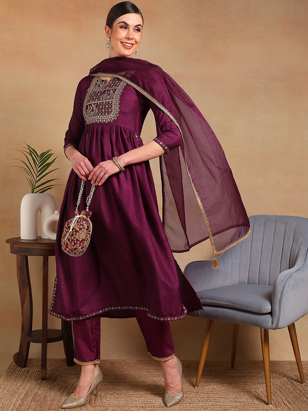 Women Purple Silk Blend Solid Yoke Design Flared Empire Kurta Trouser With Dupatta