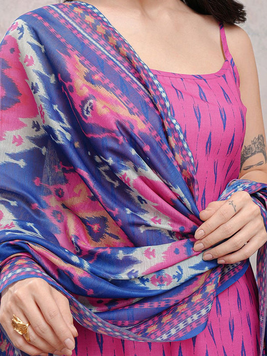 Pink Geometric Printed Shoulder Straps Neck Regular Kurta & Trouser With Dupatta